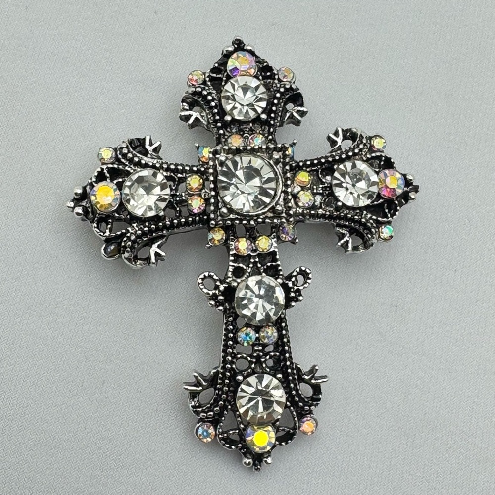 Distressed Silver AB White Crystal Cross Brooch Pendant Gothic Statement Bold